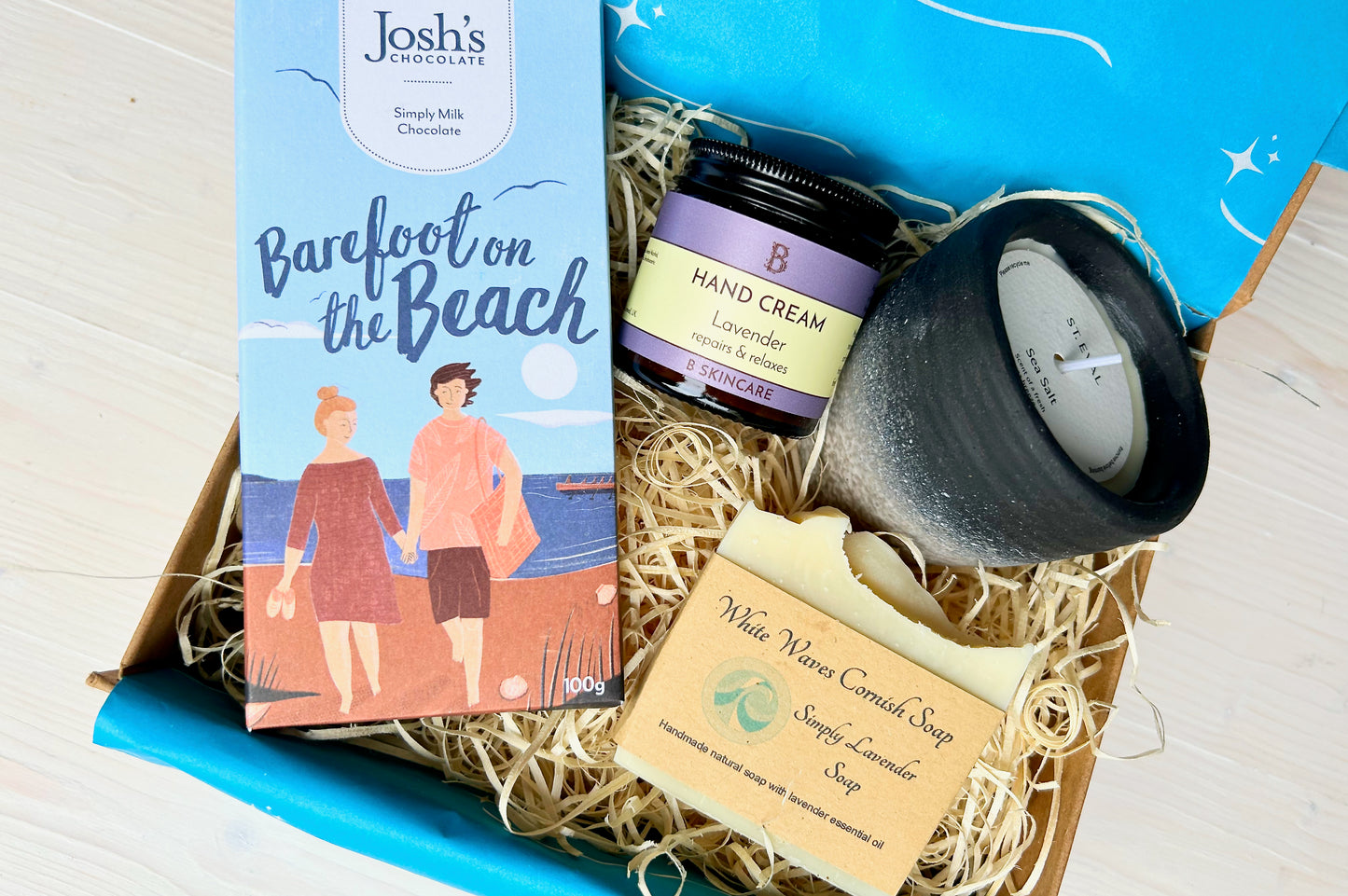 Luxury Cornish Gift Box - Cornish Gifts by Post - With ceramic candle, natural hand cream, Cornish soap and artisan chcoolate
