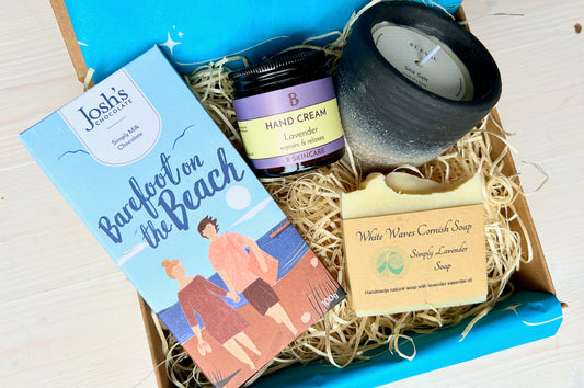 Luxury Cornish Gift Box - Cornish Gifts by Post - With ceramic candle, natural hand cream, Cornish soap and artisan chcoolate