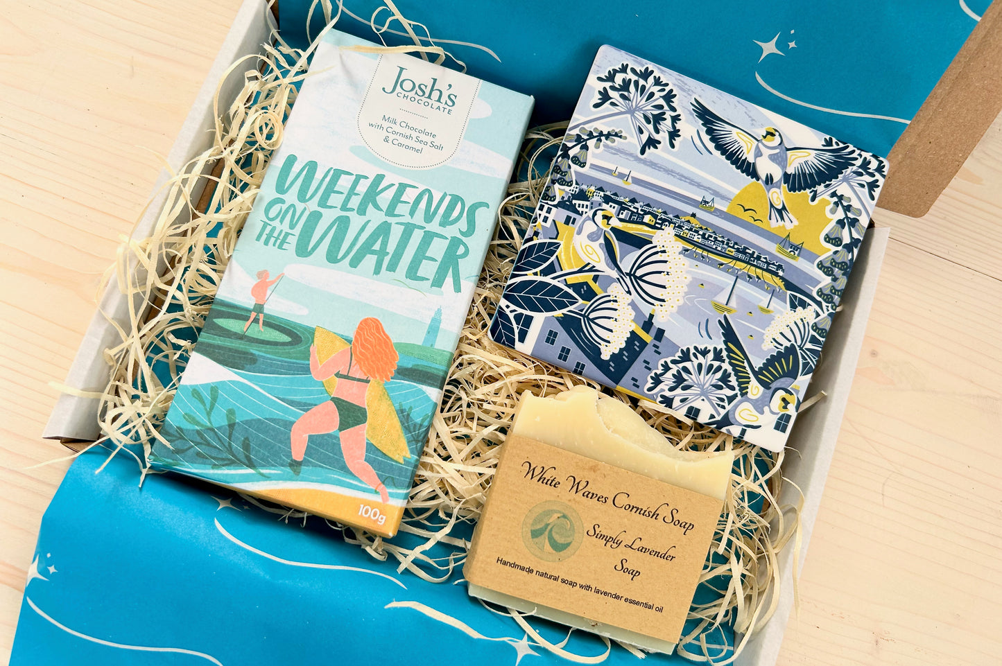 Cornish Gifts_Cornish Gift Set, Beach themed gift set, letterbox friendly with Cornish soap, Cornish illustrated coaster and Cornish chocolate