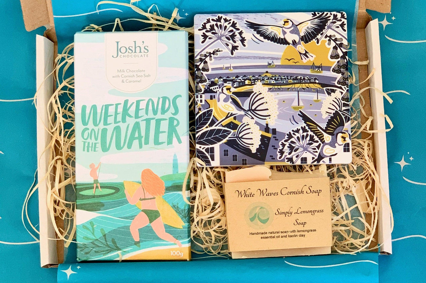Sand and Sparkles Cornish Letterbox Gift Set with Cornish Illustrated coaster, natural Cornish soap and Cornish artisan chocolate