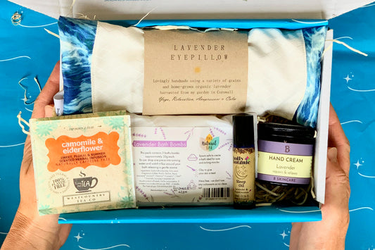 Sand & Sparkle Wellbeing Gift Set - self care pamper gift set - with organic Cornish lavender eye pillow, natural bath salts, sleep oil, hand cream and tea