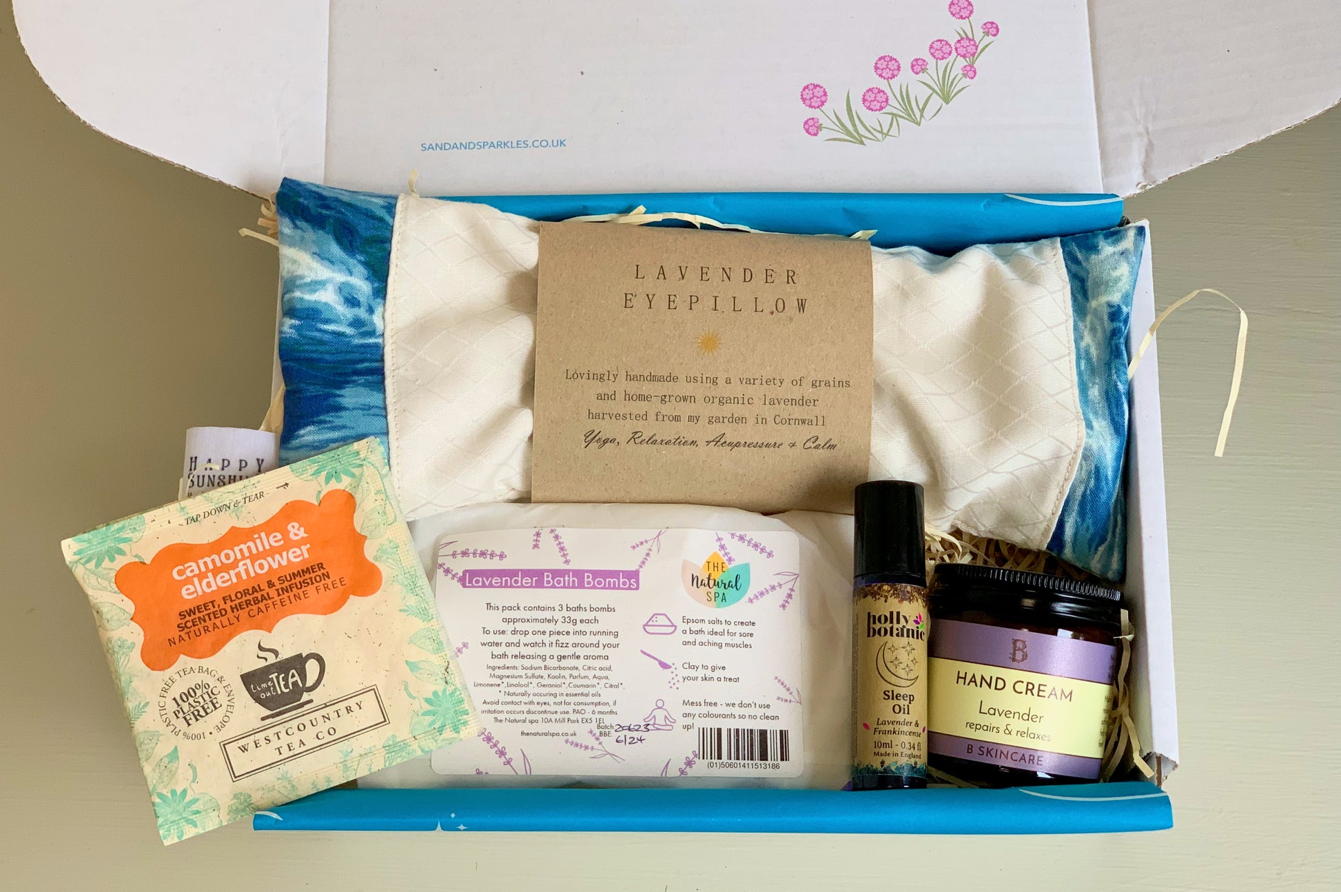 Sand & Sparkle Wellbeing Gift Set - self care pamper gift set - with organic Cornish lavender eye pillow, natural bath salts, sleep oil, hand cream and tea