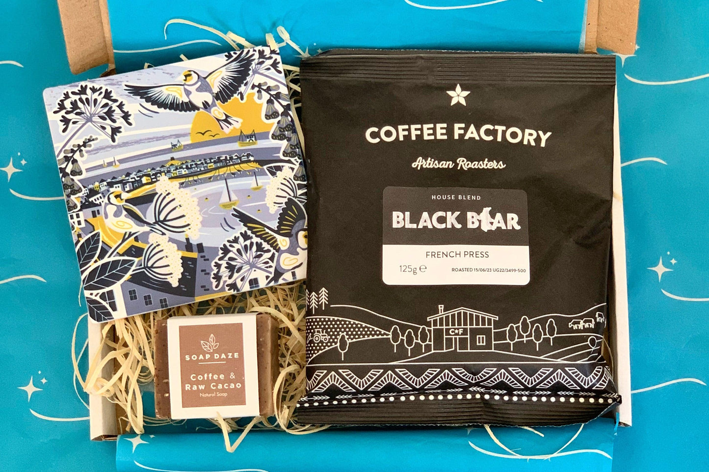 Sand and Sparkles Coffee Letterbox Gift Set with Devon roasted artisan coffee, a Cornish illustrated coaster and natural soap made in Devon