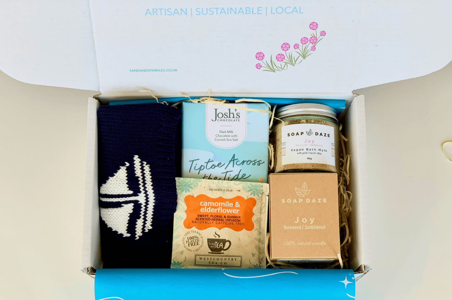 Mother and Baby Gift Set from Sand and Sparkle, Eco friendly with merino wool baby beanie made in Cornwall, artisan Cornish chocolate, a 'Joy' candle and bath salts made in Devon and Chamomile tea bags