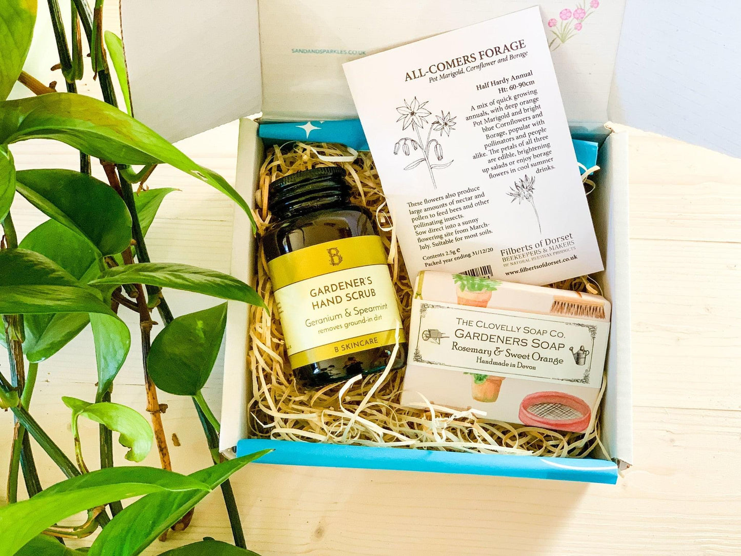 Gardening Gift Set - Mini from Sand and Sparkle with Cornish made hand scrub, Devon handmade soap and seeds for bees from Dorset