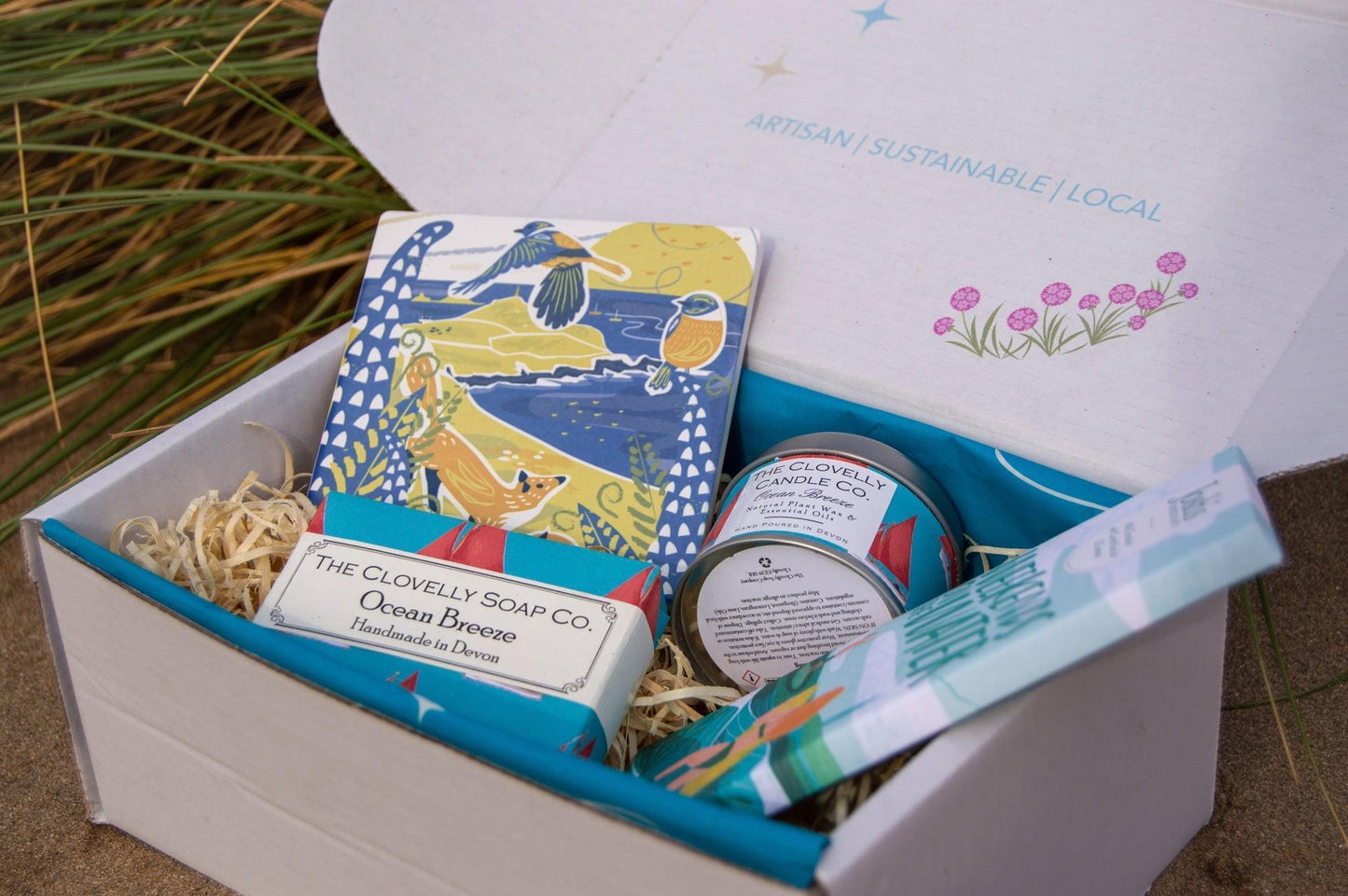 Sand and Sparkles Coastal Vibes Gift Box with Cornish illustrated coaster, Cornish chocolate, Devon handmade soap and candle