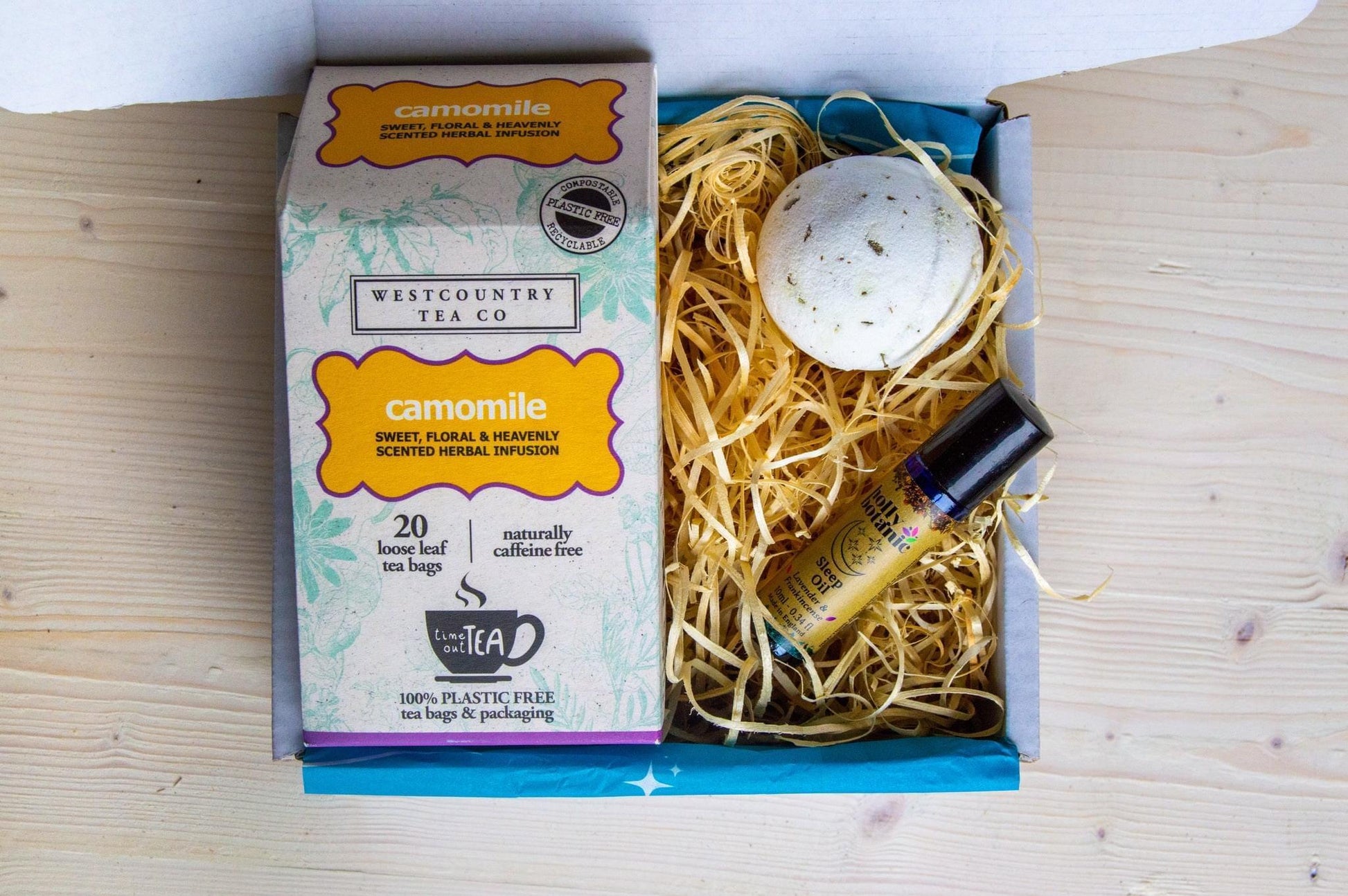 Sand and Sparkles Relax and Unwind Mini Gift Box with West Country Tea, Devon handmade natural vegan bath bomb and Devon aromatherapy sleep oil
