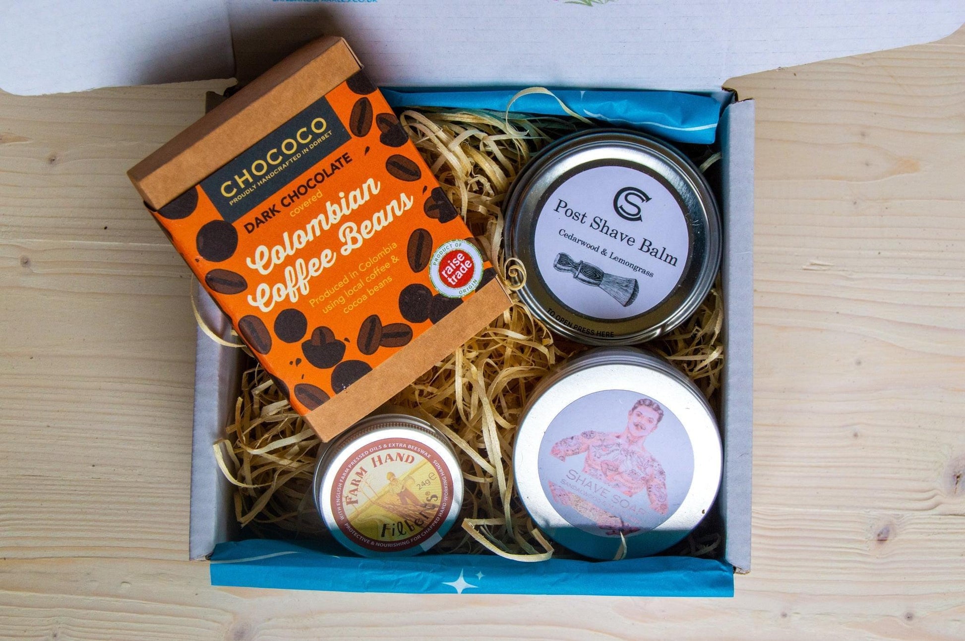 Sand and Sparkles Shave care Gift Box with Devon handmade vegan shave soap and balm, Dorset hand salve and Chococo chocolates